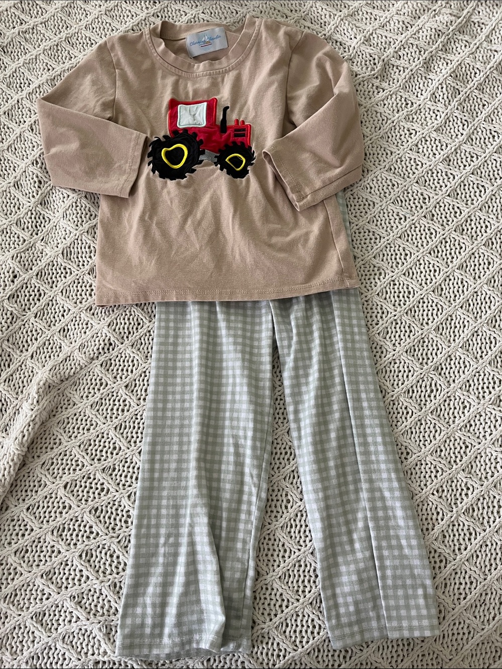 Children's Beige Tractor Pajama Set with Gray Gingham Pants